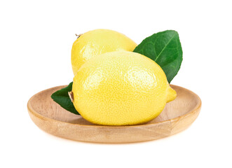 Fresh Lemon On A Wooden Plate Isolated On White Background