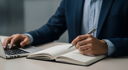 Business professional writing notes with pen and open book near laptop on office desk for study or planning