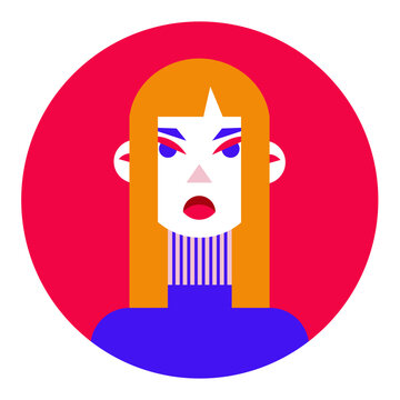 Bold flat vector portrait of a stylized woman with geometric features and vibrant contrasting colors, isolated in a circular frame. Modern minimal illustration.