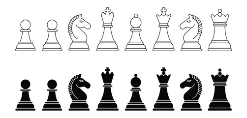 Black And White Chess Piece Icons Vector, Flat Style Illustration Including King, Queen, Bishop, Knight, Rook, And Pawn For Board Game, Strategy, And Gaming Design. © ayat 02