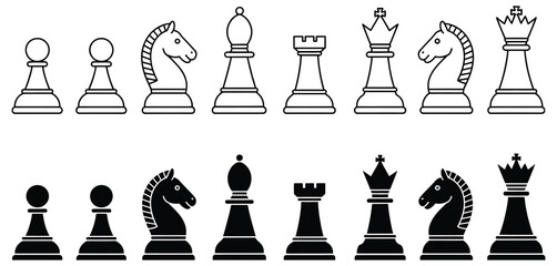 Black And White Chess Piece Icons Vector, Flat Style Illustration Including King, Queen, Bishop, Knight, Rook, And Pawn For Board Game, Strategy, And Gaming Design. © ayat 02