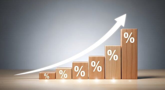 Rising arrow and increasing percentage signs on wooden blocks representing financial growth and economic success showing upward trend of profit margins and market value for business stability