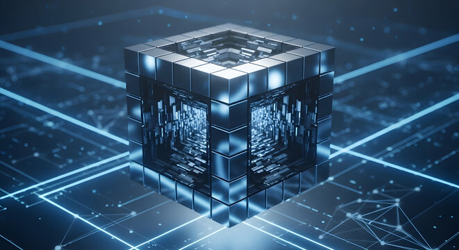 Abstract 3D metallic cube central to a glowing digital network, symbolizing secure data storage, blockchain technology, and future digital systems