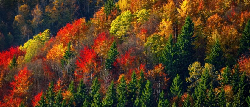 autumn trees in a forest color on hill mountain