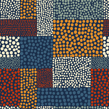 Seamless colorful geometric dot pattern. Patchwork grid with retro inspired blocks. Playful mid century abstract design. Vector illustration for fabric and decor.