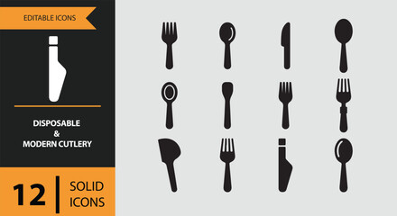 Disposable and Modern Cutlery. Solid Disposable Cutlery Icons for Fast Food and Catering
