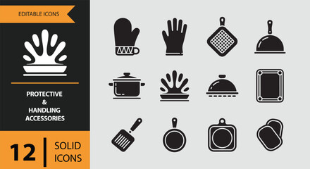 Protective and Handling Accessories. Solid Kitchen Safety and Handling Accessory Icons