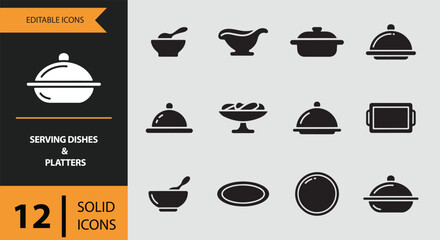 Serving Dishes and Platters. Bold Filled Serving Dish and Platter Icons for Restaurant Design