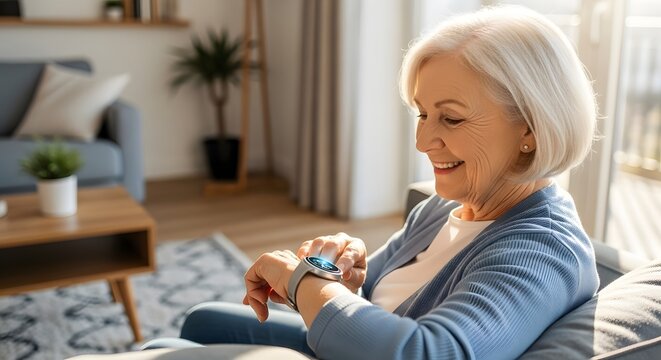 Happy senior woman checking her smartwatch, sitting comfortably in a bright living room