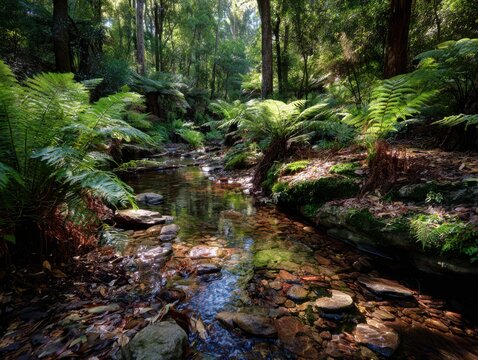 Sunlit forest stream with lush ferns and mossy rocks in dappled light Keywords: forest, stream, creek, river, water, nature, woods