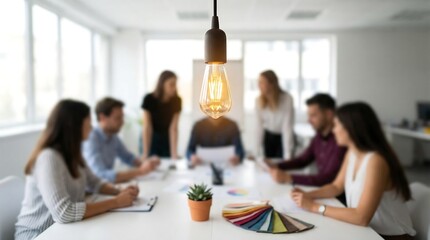 Obraz premium A decorative, vintage-style lightbulb glows warmly, hanging centrally in the foreground, while a diverse team of professionals holds a blurred, collaborative meeting.