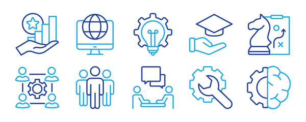 Fototapeta premium Workshop line editable icon set. Containing training, learn, skill, coaching, motivation, meeting, presentation, and more. Editable stroke. Vector illustration