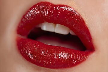 Fototapeta premium Close-Up of Bold Red Lips with Glossy Finish