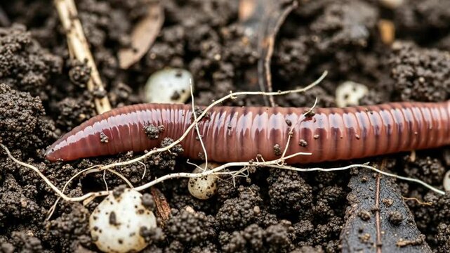 A close-up of an earthworm in rich, dark soil, highlighting nature.