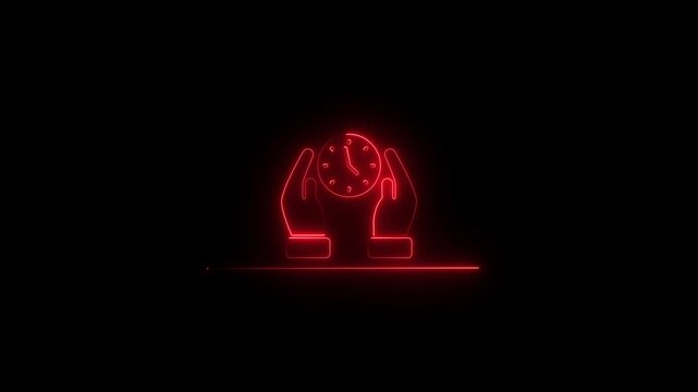 Neon hands holding clock time management concept red glow