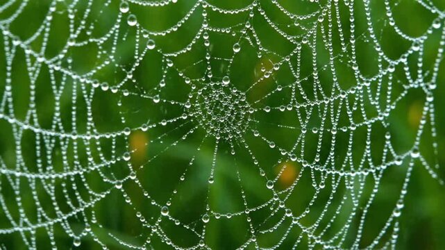 Intricate orb web glistening with numerous tiny dew drops suspended perfectly between the silk threads against a vibrant blurred green natural background during early morning hours.