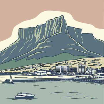 Table mountain landscape with cape town city skyline harbor and boat in retro flat vector style