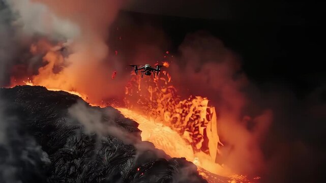 Drone Flying Over Volcanic Eruption at Night.