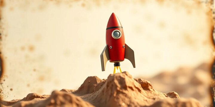 Tiny rocket ship taking off from a postcard, whimsical and adventurous theme,  space,  design