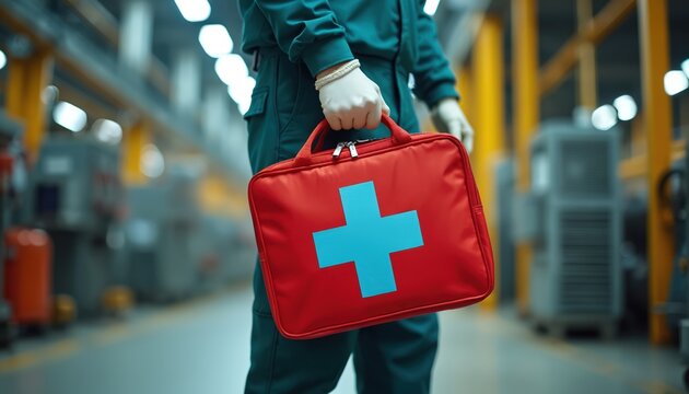 Worker holds red first aid kit in electric factory. Safety equipment for emergency response on industrial site. Medical supplies for workplace accidents. First aid bag for injury care.