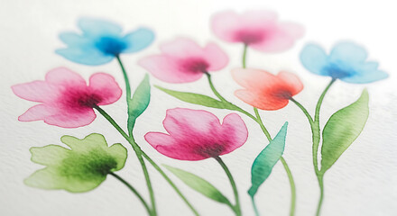 Fototapeta premium Soft watercolor painting of delicate pink and blue flowers with green stems and leaves on a light background, artistic floral illustration.