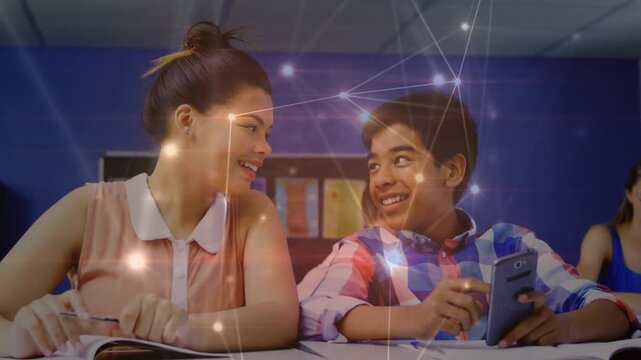 Animation of connections over happy diverse students using technology at school