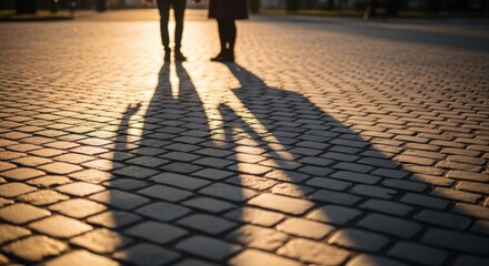 Silhouettes of people on cobblestone street at sunset.