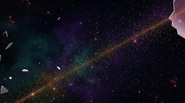 Cosmic birth concept visualized as a bright energetic light beam powerfully radiating from a shattering golden eggshell suspended in deep space nebulas.