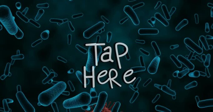 Tap here text banner and covid-19 cell and blood vessels against blue background