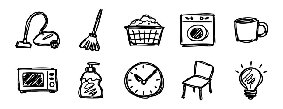A collection of hand-drawn household and cleaning icons in a simple black ink doodle style on white.