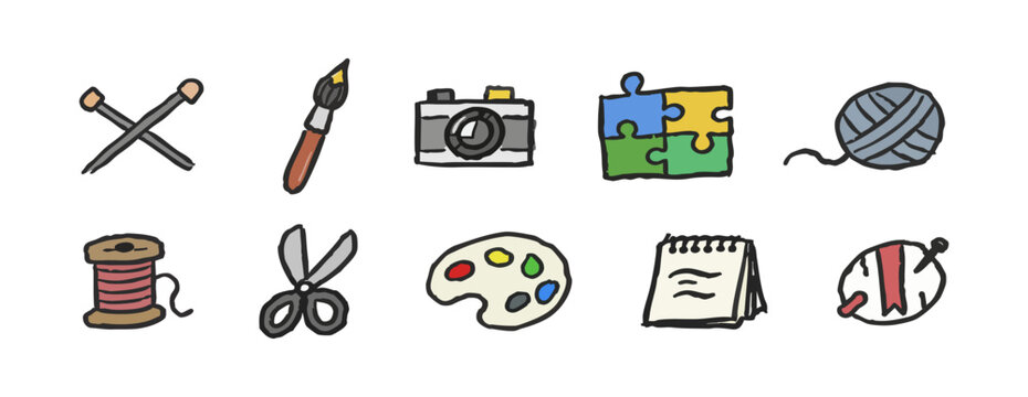Set of ten colorful hand-drawn doodle icons representing various hobbies like knitting, painting, photography, and sewing on a white background.
