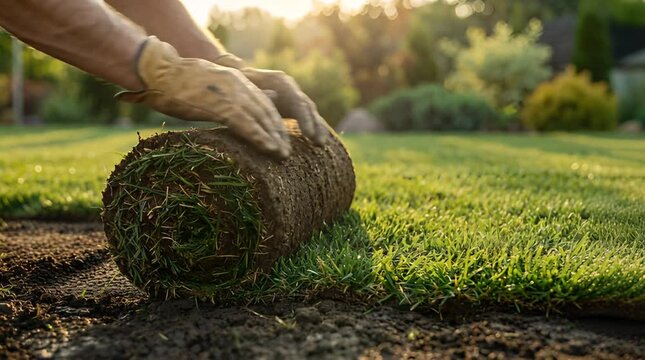 Close Up of Green Grass Sod Being Rolled Out by Man With Tan Leather Gloves in Golden Sunlight Outdoors