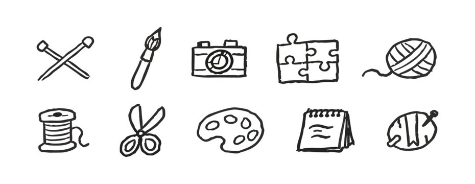 Set of hand-drawn hobby and craft icons including knitting, painting, photography, and sewing. Minimalist black ink doodle style on white.