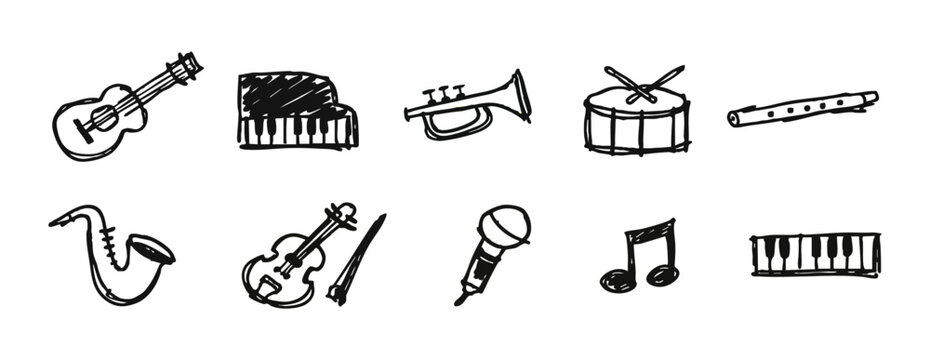 Set of hand-drawn musical instrument icons featuring guitar, piano, trumpet, drum, saxophone, violin, and notes in a black ink doodle style.