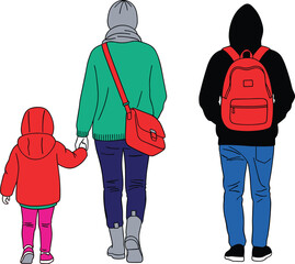 Back view illustration of a family walking together with a small child holding hands and a teenager wearing a backpack.