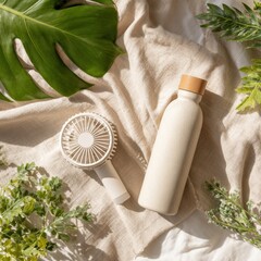 Flatlay of Portable Fan and Water Bottle for Summer Cooling