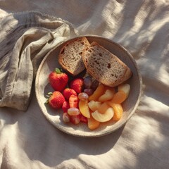 A Ceramic Plate with Fresh Fruits and Bread For Breakfast