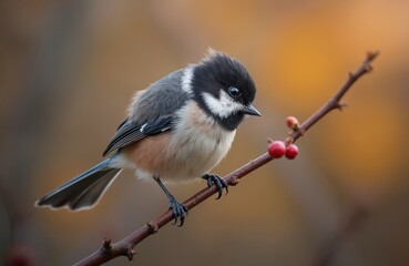 Obraz premium Small long-tailed tit bird with fluffy feathers rests on bare branch with red berries. Black cap, white cheeks stand out against soft autumn background. Tiny creature symbol of wild nature, bird
