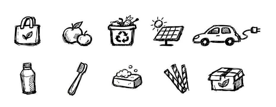 Hand-drawn black and white doodle icons representing sustainability, recycling, renewable energy, and a zero waste lifestyle.