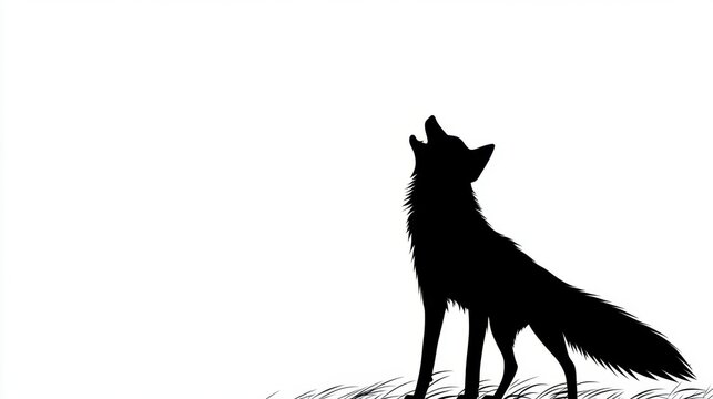 Striking black silhouette of a wild fox standing on grass howling upwards against a stark white background