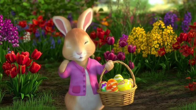Easter Bunny with Eggs in Garden Scene.
