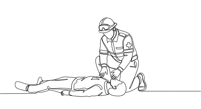 Paramedic performing CPR on unconscious person, continuous line art