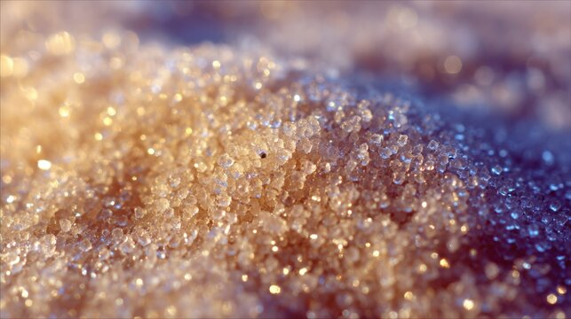 Warm golden light illuminates a pile of sparkling sugar crystals up close macro sweet