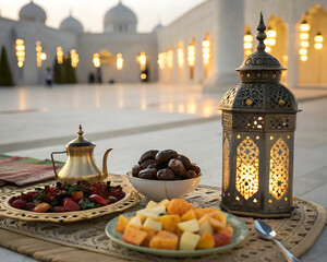 Naklejka premium A beautifully arranged table with fruits, dates, and a traditional lantern in a courtyard.