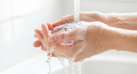 Fototapeta premium Washing hands with soap and water for hygiene, girl washing hands with soap under tap, clean washing hands with soap for virus protection and healthcare