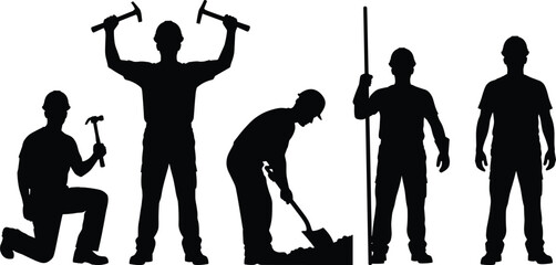 Technical CAD drawing flat vector illustration of construction worker silhouettes with tools like hammers and shovels for industrial labor design © Rakibul