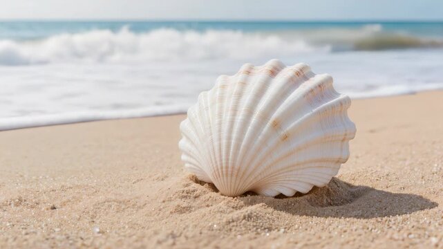 A large white shell sits on the sandy beach with gentle ocean waves rolling in.