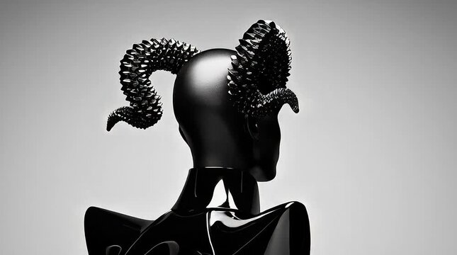 Striking black and white portrait of a futuristic female figure featuring menacing textured horns and highly stylized glossy armor against a neutral backdrop