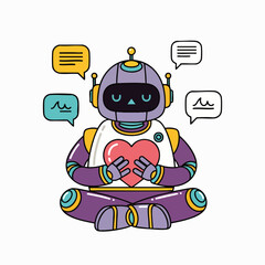 Mindful AI Robot Meditating with Heart and Communication Bubbles, Symbolizing Empathy, Emotional Intelligence, and Digital Well-being in Future Technology
