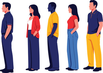 Diverse group of multiethnic people standing in line together in profile view wearing casual colorful clothing for social queue concept © Saila